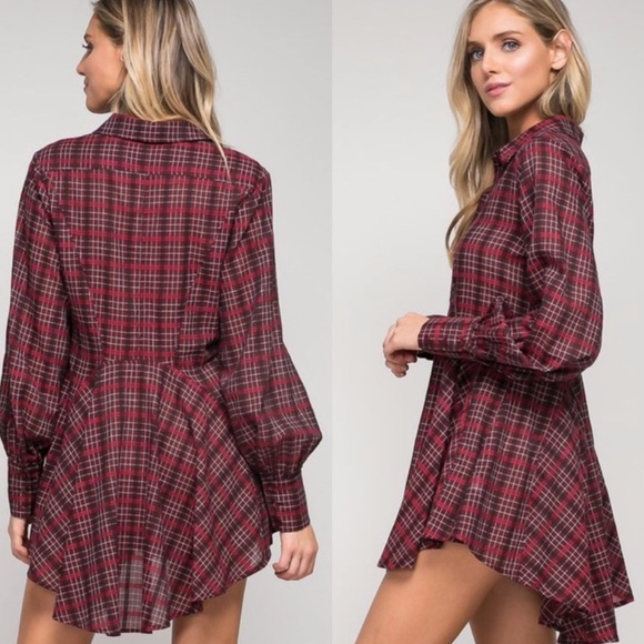 2 LEFT Burgundy Plaid Button Down Top - Picture 3 of 4